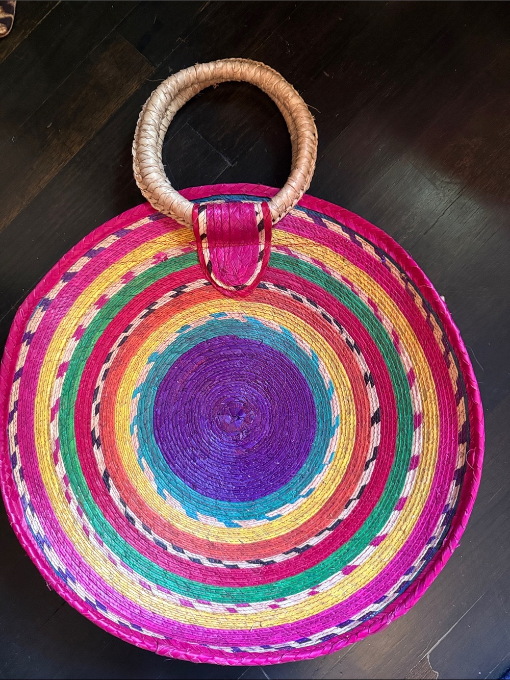 Handwoven Round Tote Bag in Pink & Purple